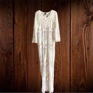 Floral Embroidered Maxi Dress L Cream Sheer Fairy Baby Doll